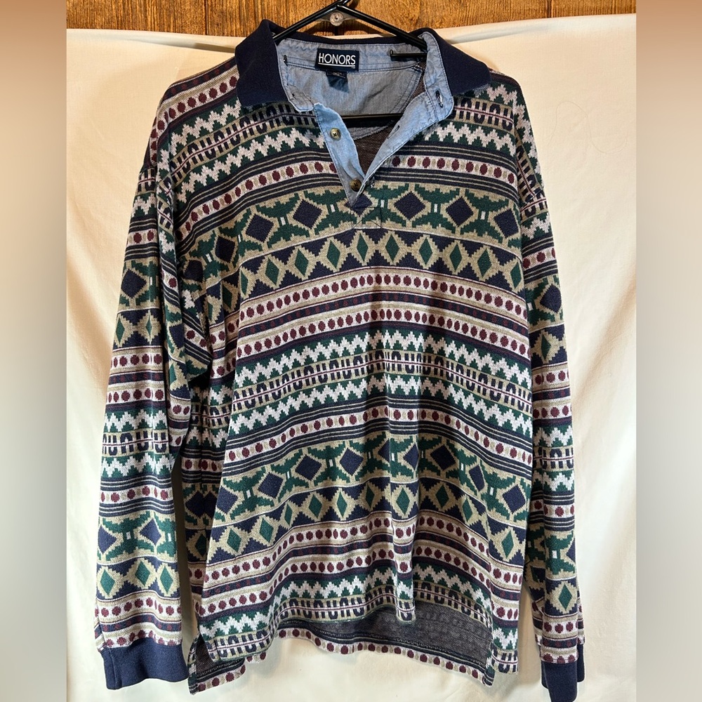Honors men’s blue/green/cream patterned long sleeve sweater L